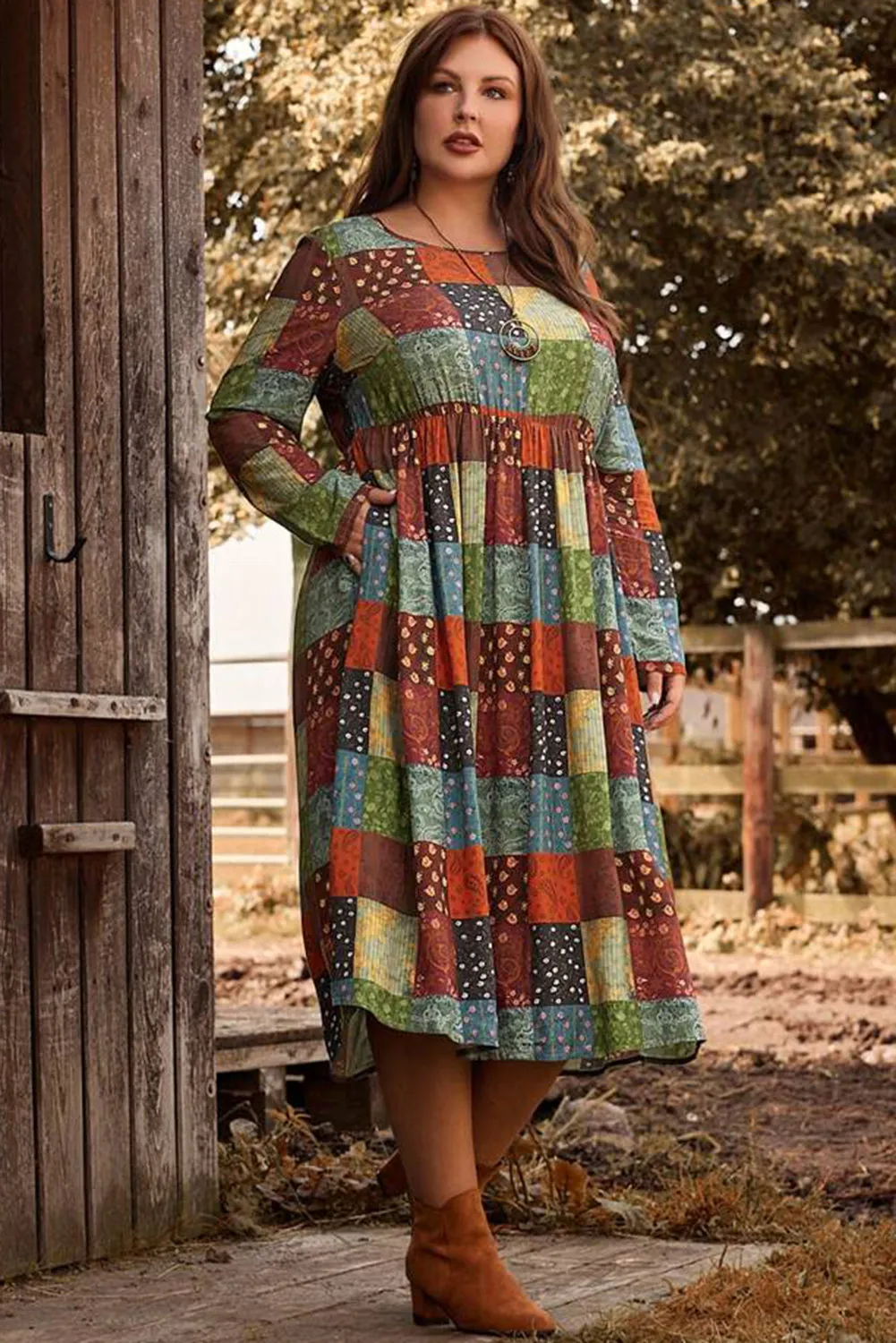 Green Printed Multicolor Western Checkered Plus Size Swing Dress