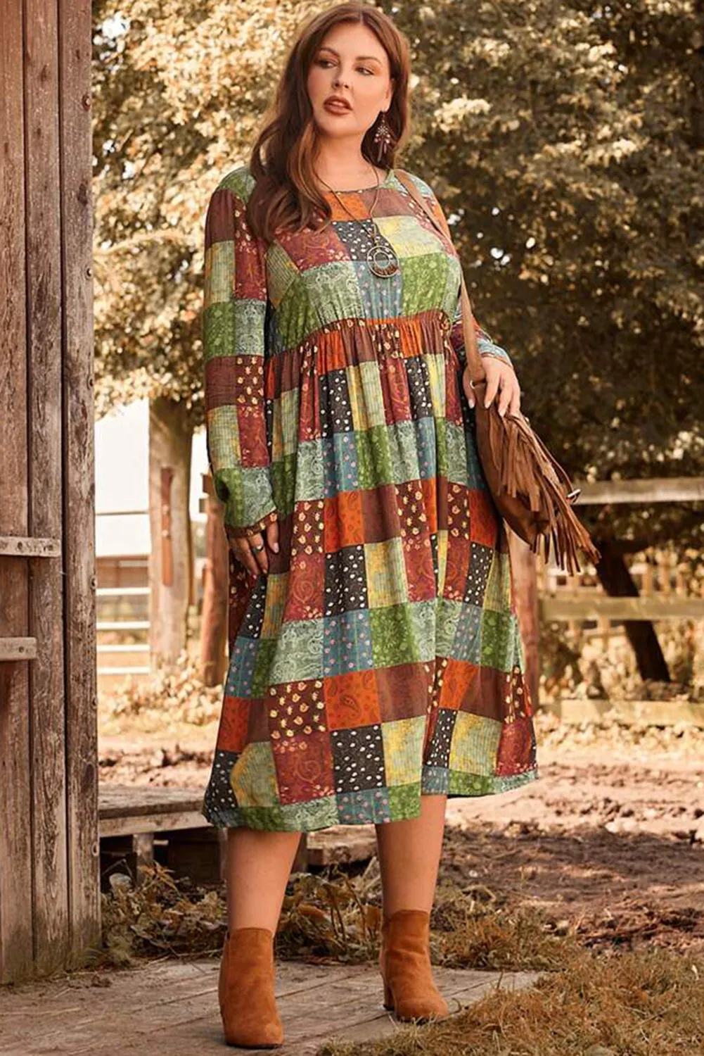 Green Printed Multicolor Western Checkered Plus Size Swing Dress