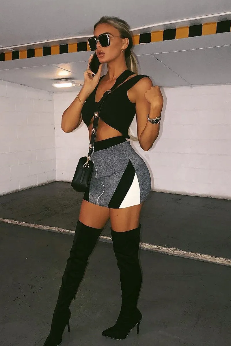 Grey Black Knit Colour Block Zip Front Mini Skirt - Aariel