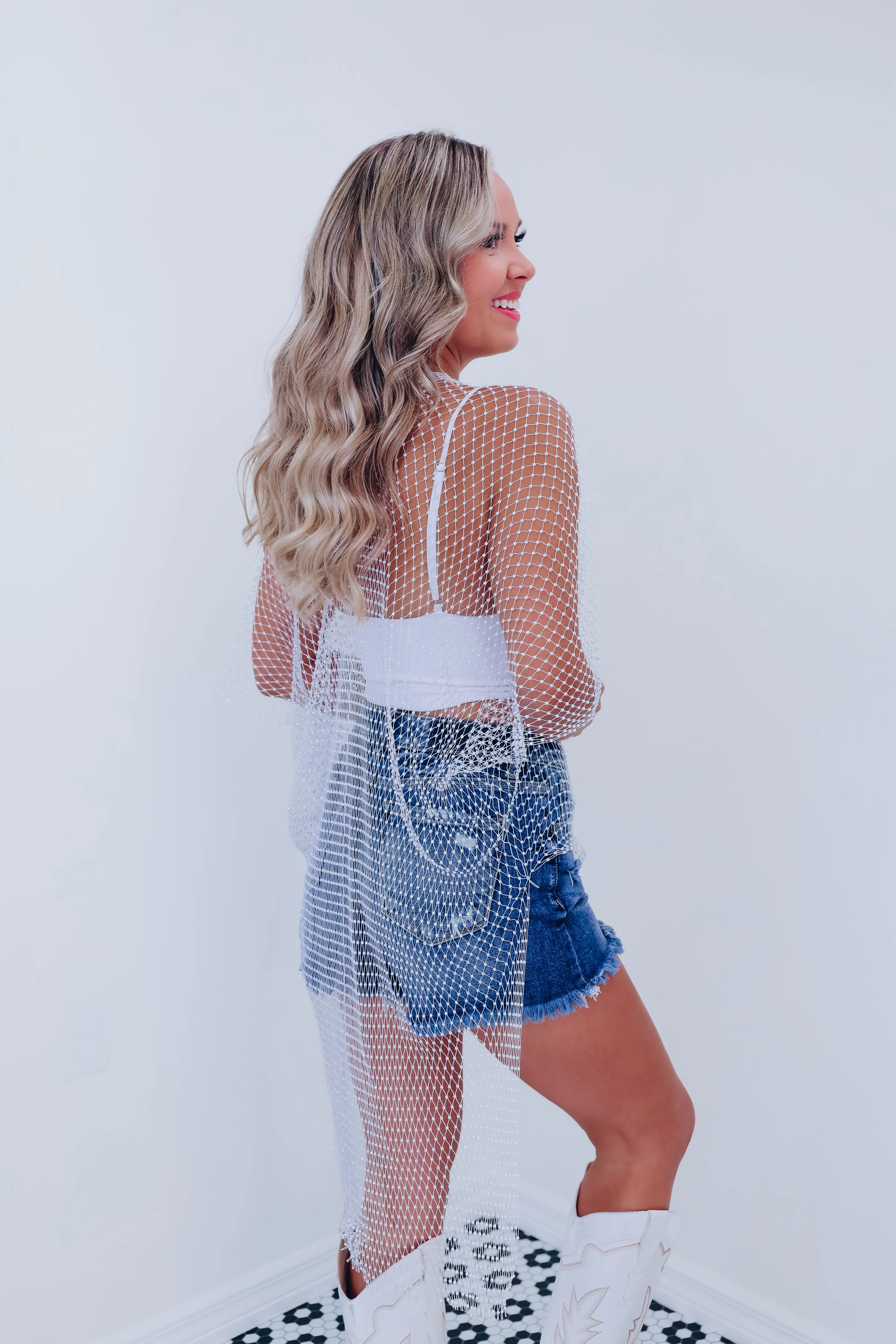 Harmony Rhinestone Net Kimono - White