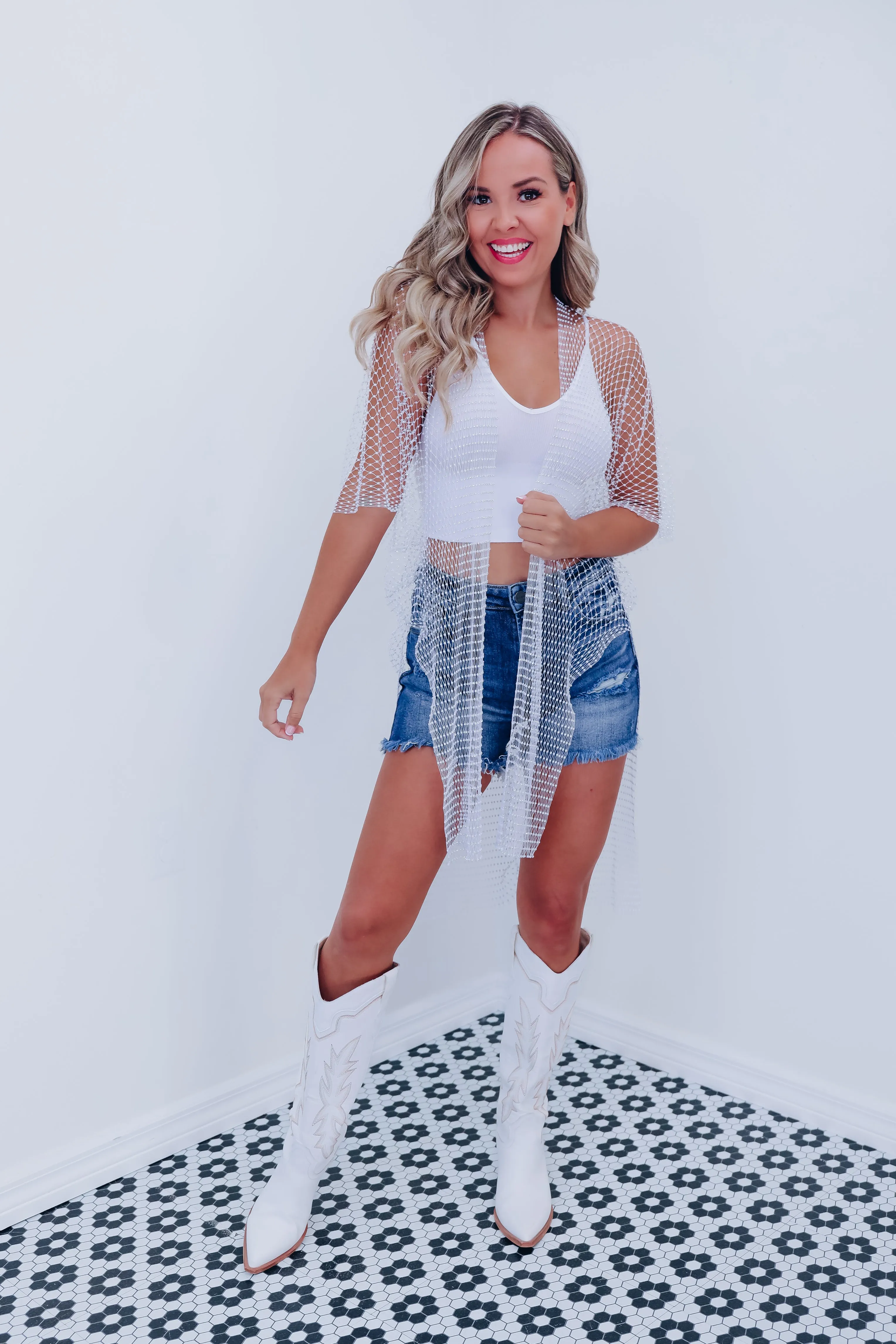Harmony Rhinestone Net Kimono - White