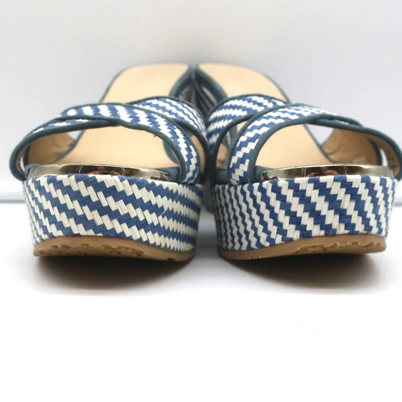 Jimmy Choo Perfume Crisscross Platform Wedge Sandals Blue Woven Raffia Size 37