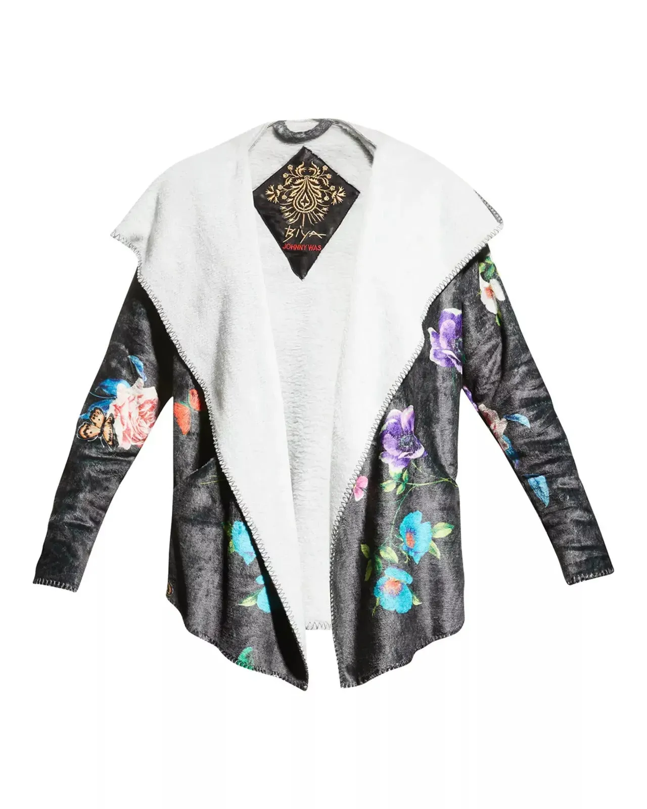 Johnny Was Blooming Cozy Sherpa Floral Pullover Hoodie Flowers Jacket Black NEW