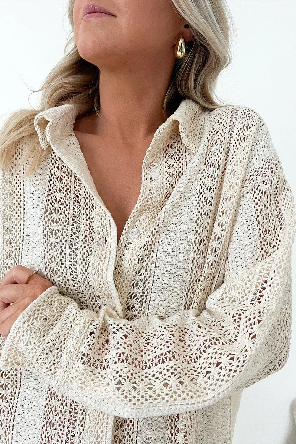 KaleaBoutique Lace Crochet Collared Tunic Oversized Shirt