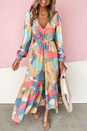 KaleaBoutique Stylish Abstract Print O-ring Cut-Out Long Sleeve Maxi Dress