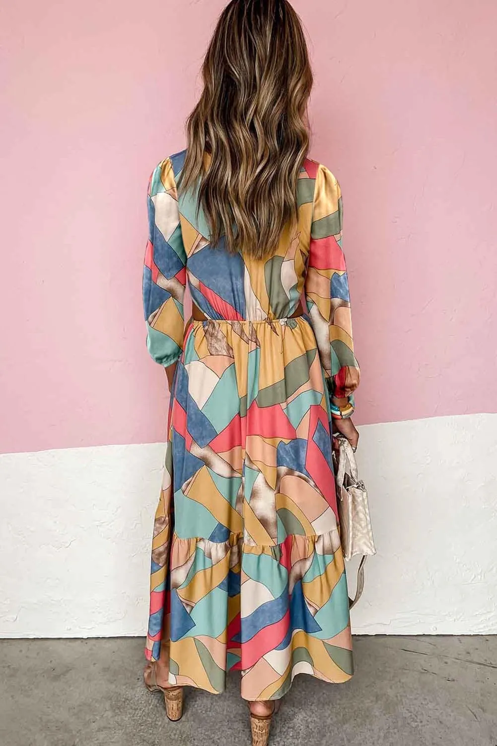 KaleaBoutique Stylish Abstract Print O-ring Cut-Out Long Sleeve Maxi Dress