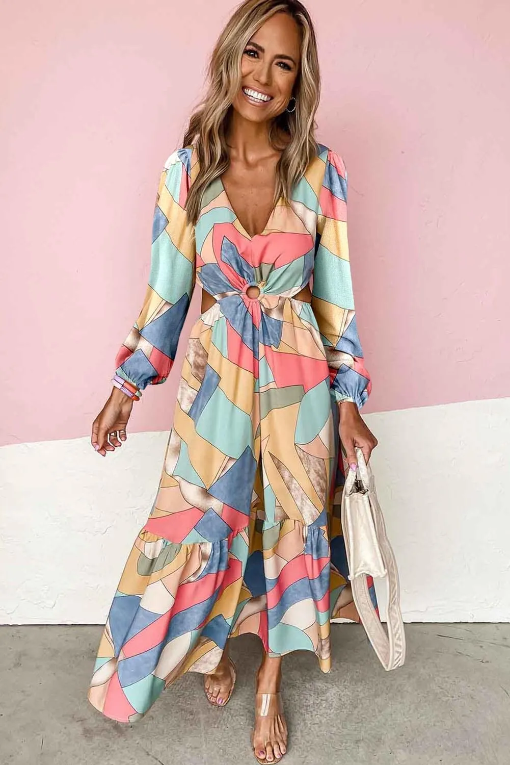 KaleaBoutique Stylish Abstract Print O-ring Cut-Out Long Sleeve Maxi Dress