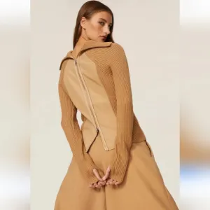 Kaufman Franco Tan Ribbed Zip-Back Turtleneck Sweater Size XS