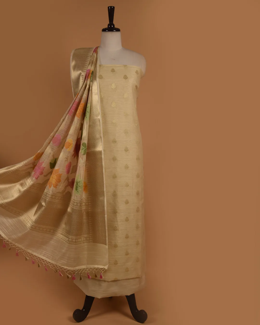 Light Lemon Chanderi Benarasi Woven Unstitched Suit Fabric Set With Chanderi Woven Dupatta