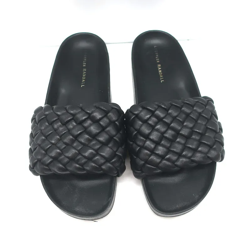 Loeffler Randall Sonnie Woven Slide Sandals Black Leather Size 8