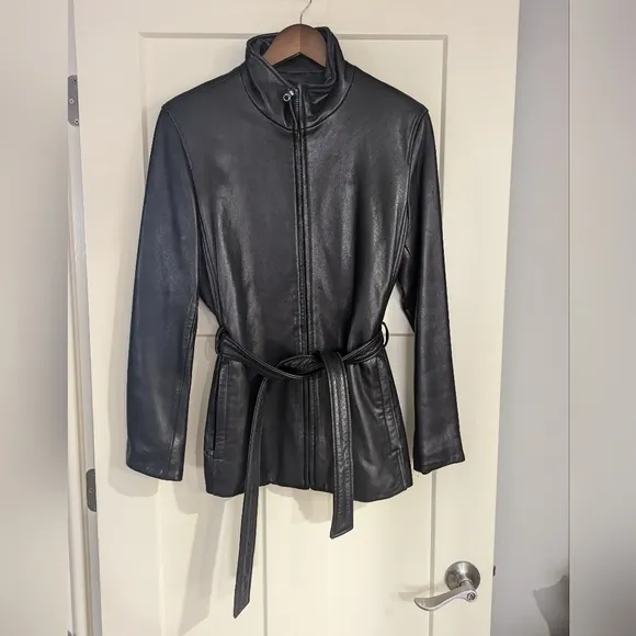 Marc New York Black Leather Belted Jacket, zipper closure, size L