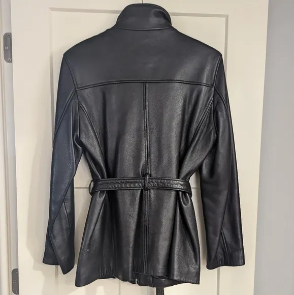 Marc New York Black Leather Belted Jacket, zipper closure, size L