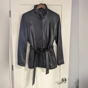 Marc New York Black Leather Belted Jacket, zipper closure, size L