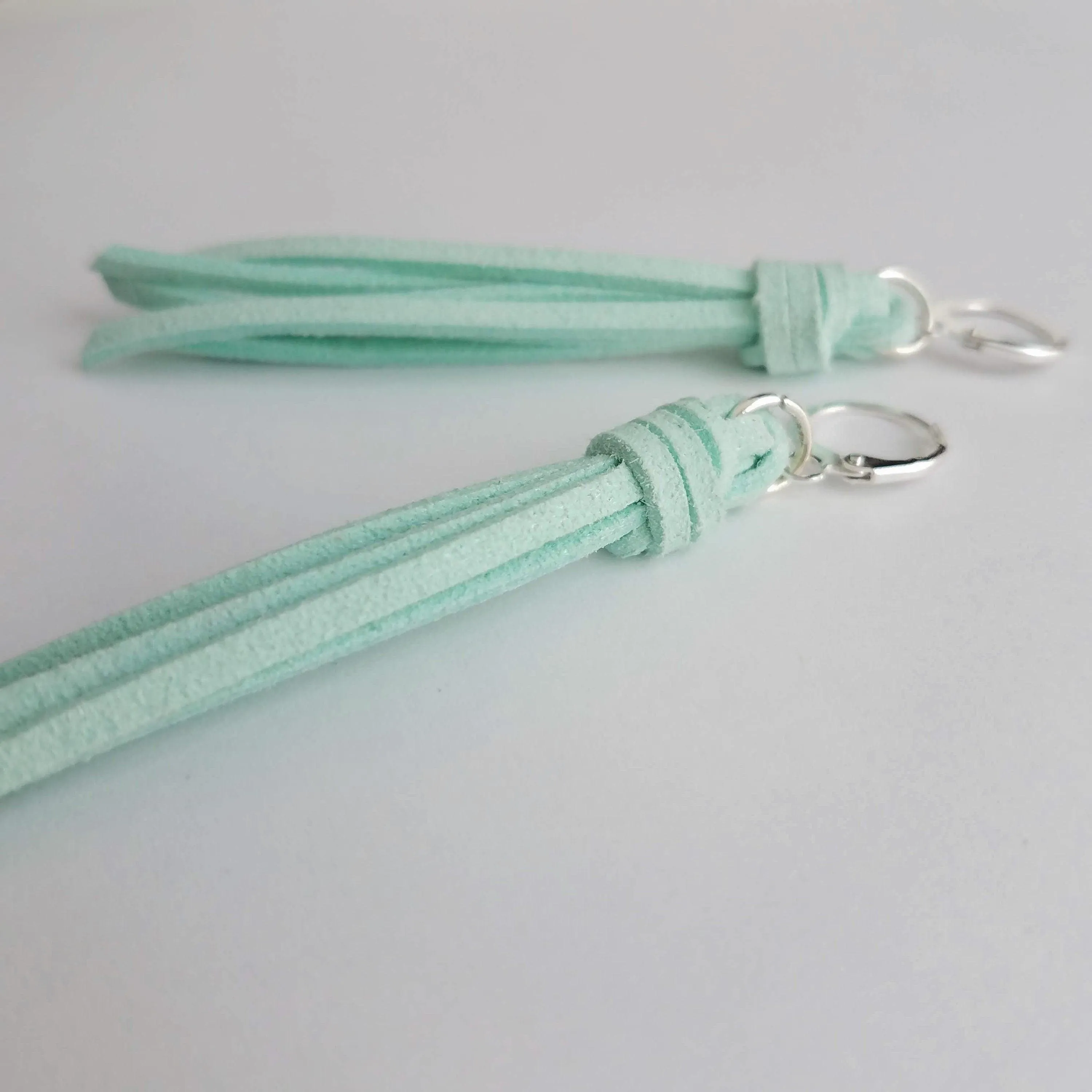 Mint Tassel Earrings, faux suede tassel, vegan leather tassel, long tassel, silver huggie hoop, mint blue, aqua blue round lever back, boho