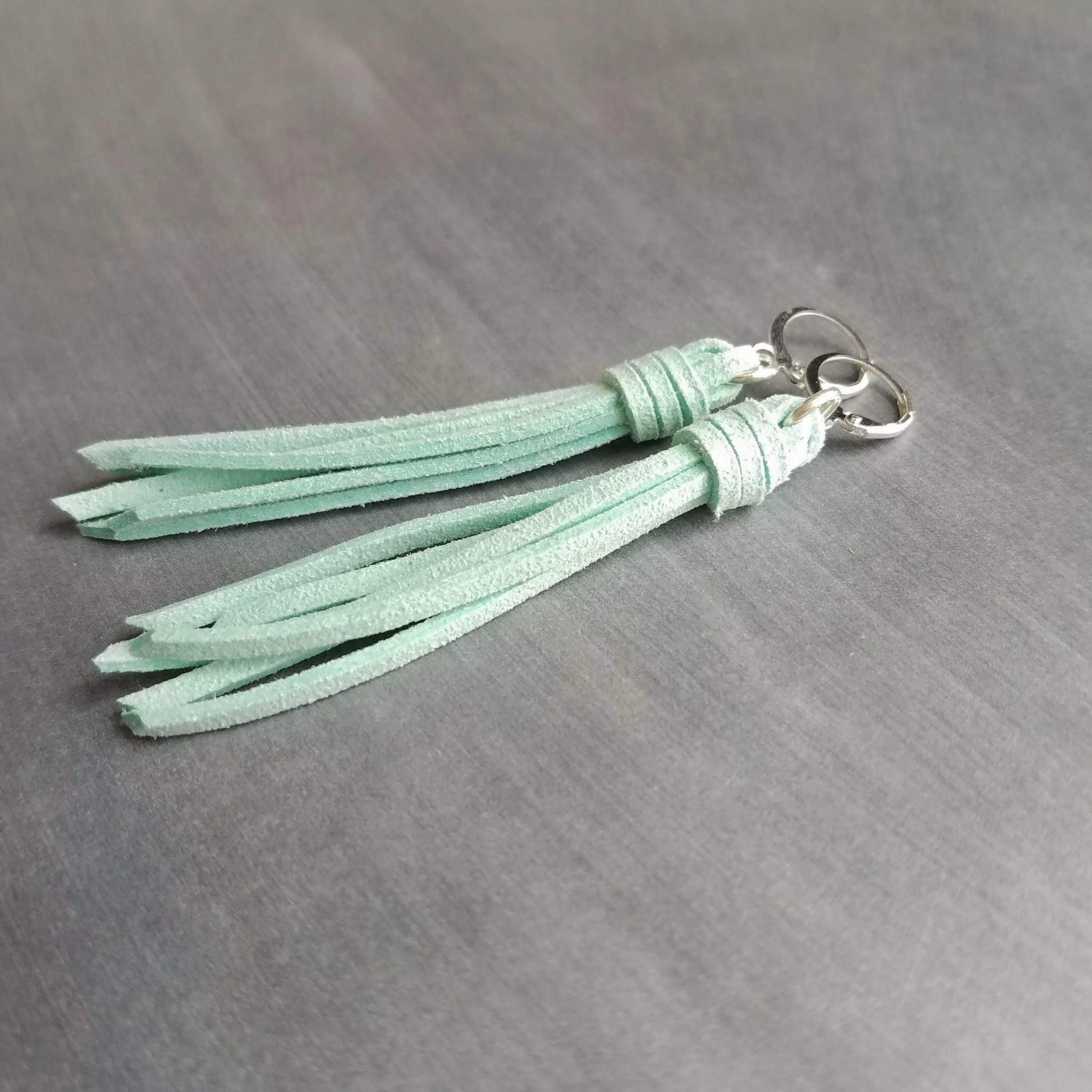 Mint Tassel Earrings, faux suede tassel, vegan leather tassel, long tassel, silver huggie hoop, mint blue, aqua blue round lever back, boho