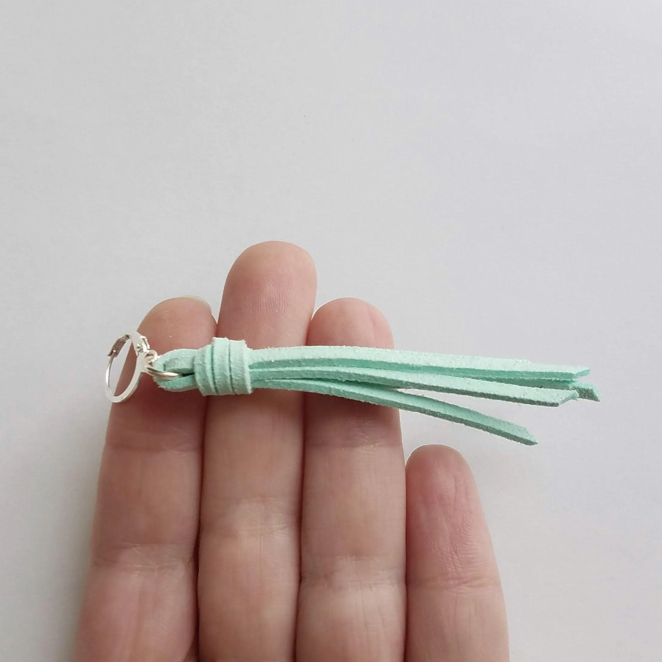Mint Tassel Earrings, faux suede tassel, vegan leather tassel, long tassel, silver huggie hoop, mint blue, aqua blue round lever back, boho