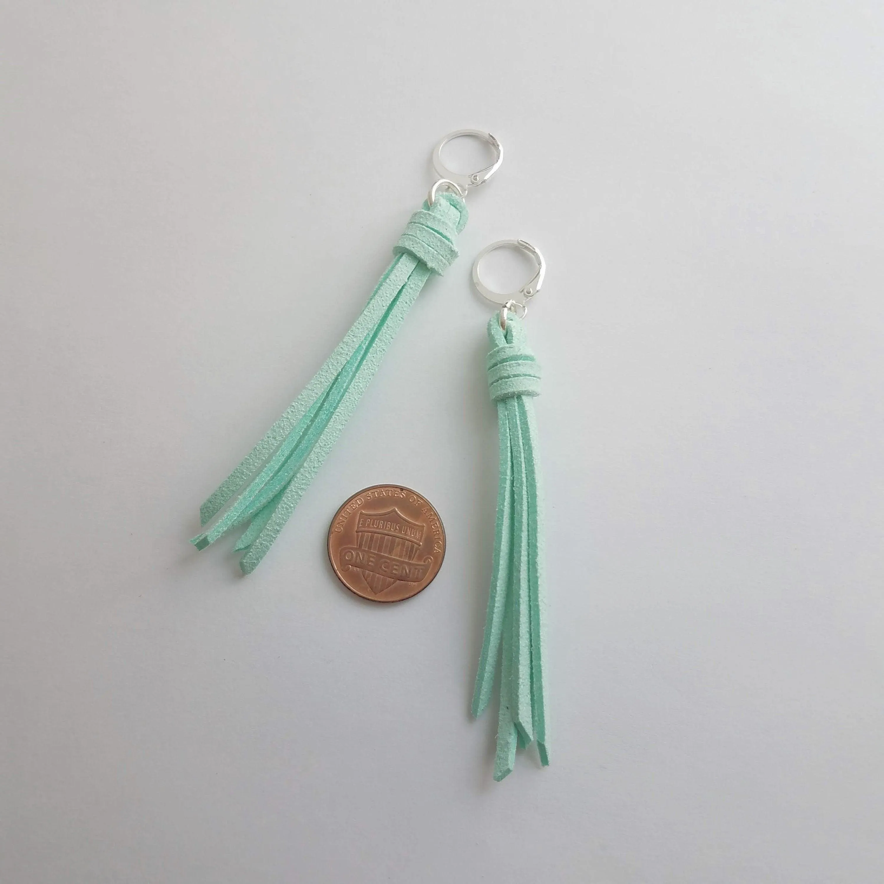 Mint Tassel Earrings, faux suede tassel, vegan leather tassel, long tassel, silver huggie hoop, mint blue, aqua blue round lever back, boho