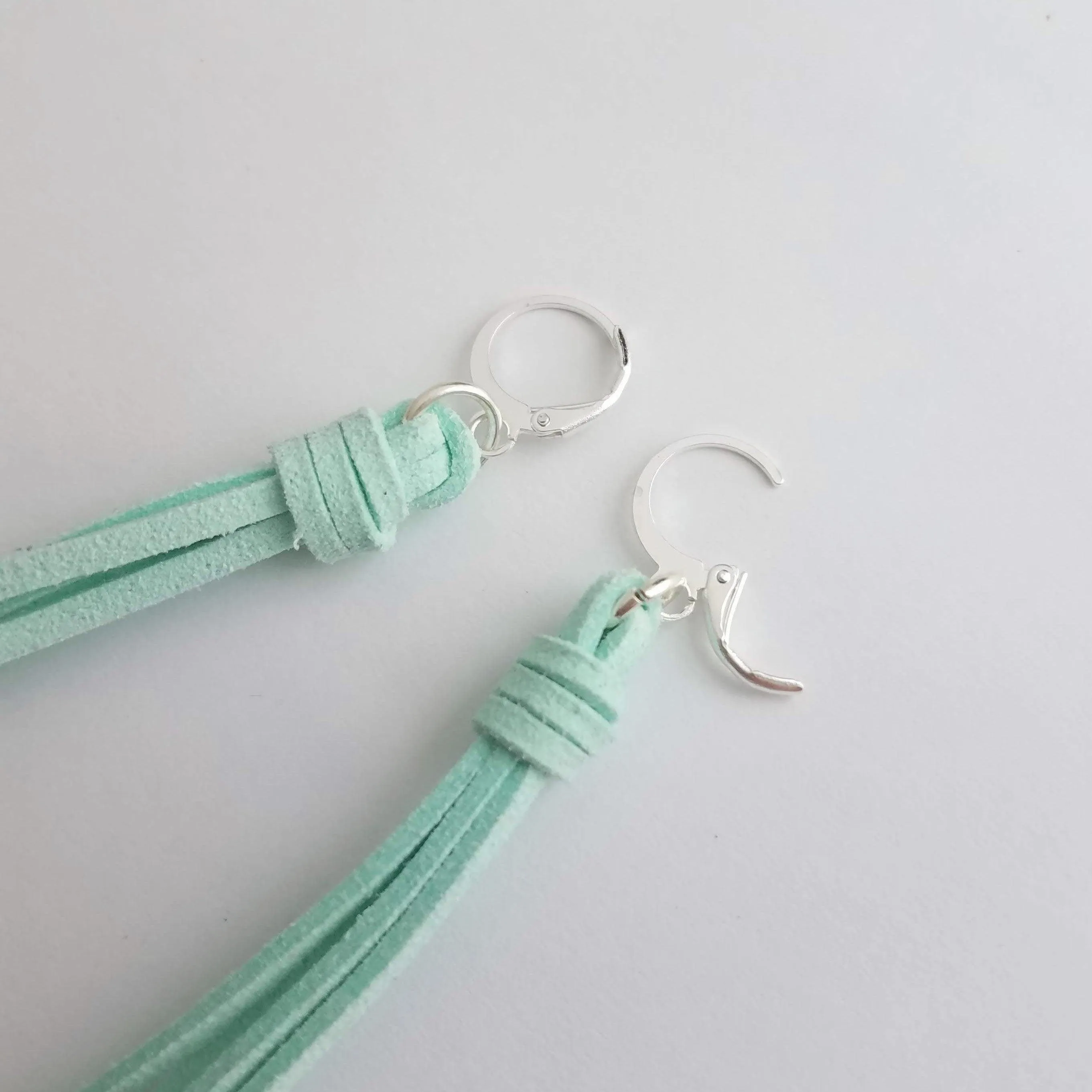Mint Tassel Earrings, faux suede tassel, vegan leather tassel, long tassel, silver huggie hoop, mint blue, aqua blue round lever back, boho