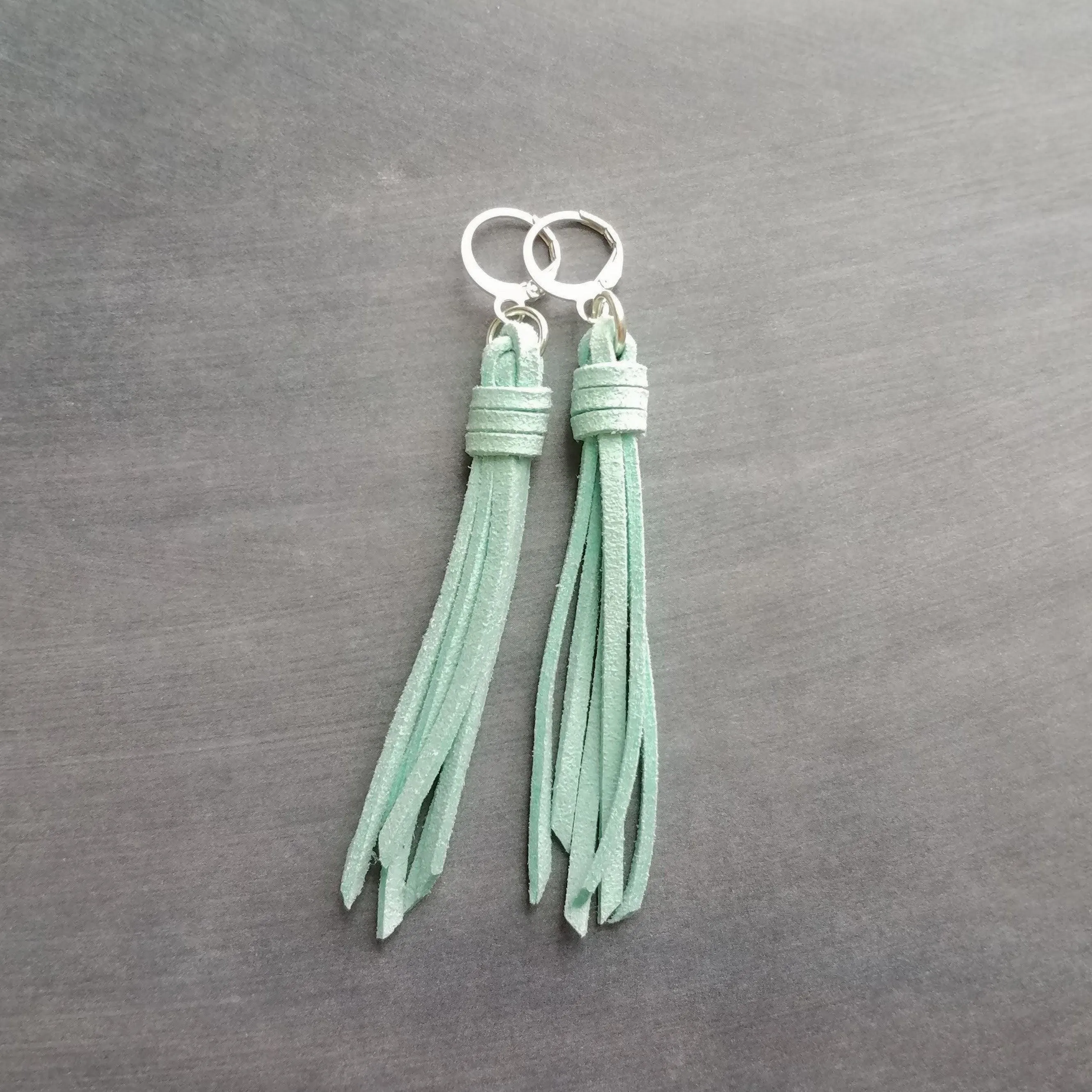 Mint Tassel Earrings, faux suede tassel, vegan leather tassel, long tassel, silver huggie hoop, mint blue, aqua blue round lever back, boho