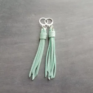 Mint Tassel Earrings, faux suede tassel, vegan leather tassel, long tassel, silver huggie hoop, mint blue, aqua blue round lever back, boho