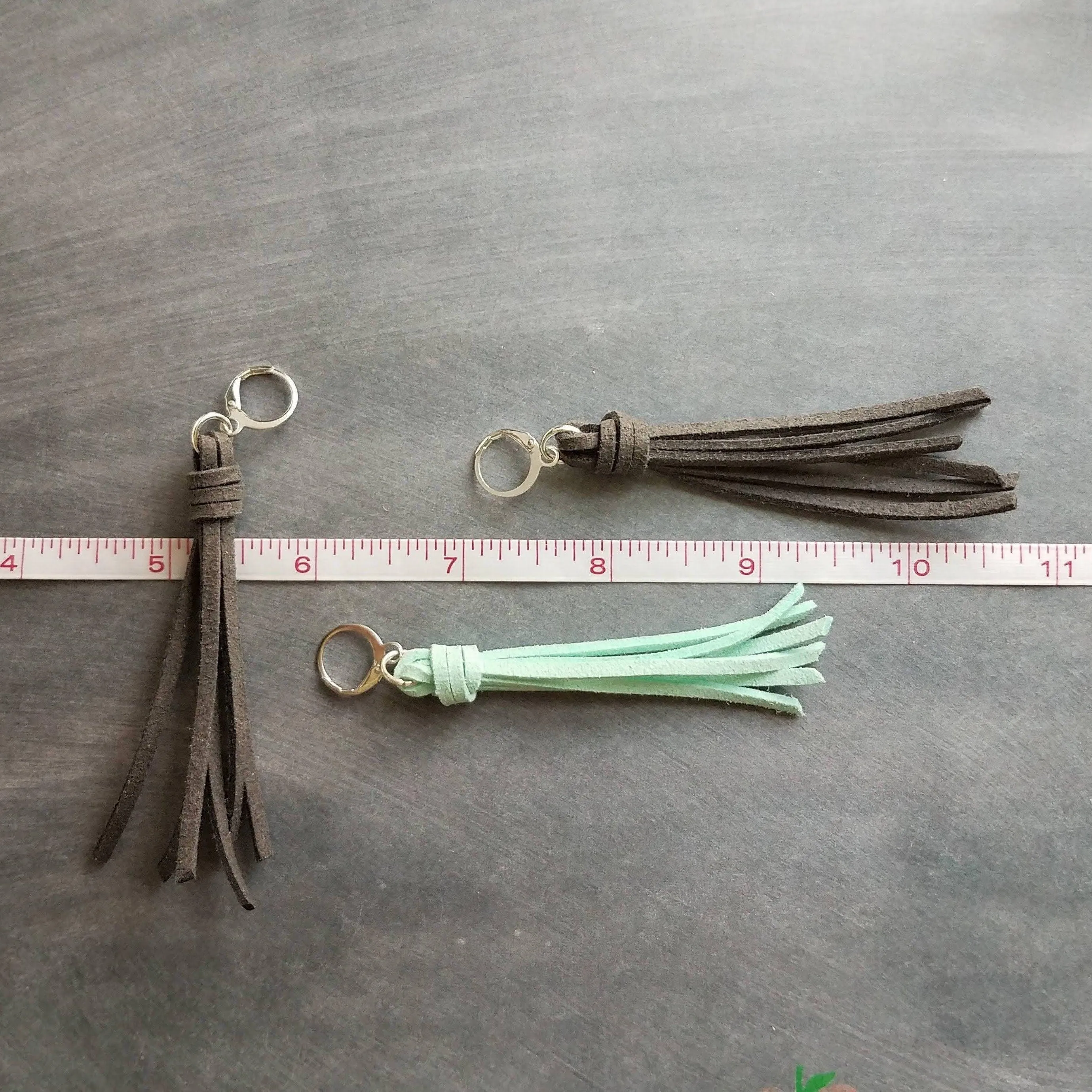 Mint Tassel Earrings, faux suede tassel, vegan leather tassel, long tassel, silver huggie hoop, mint blue, aqua blue round lever back, boho