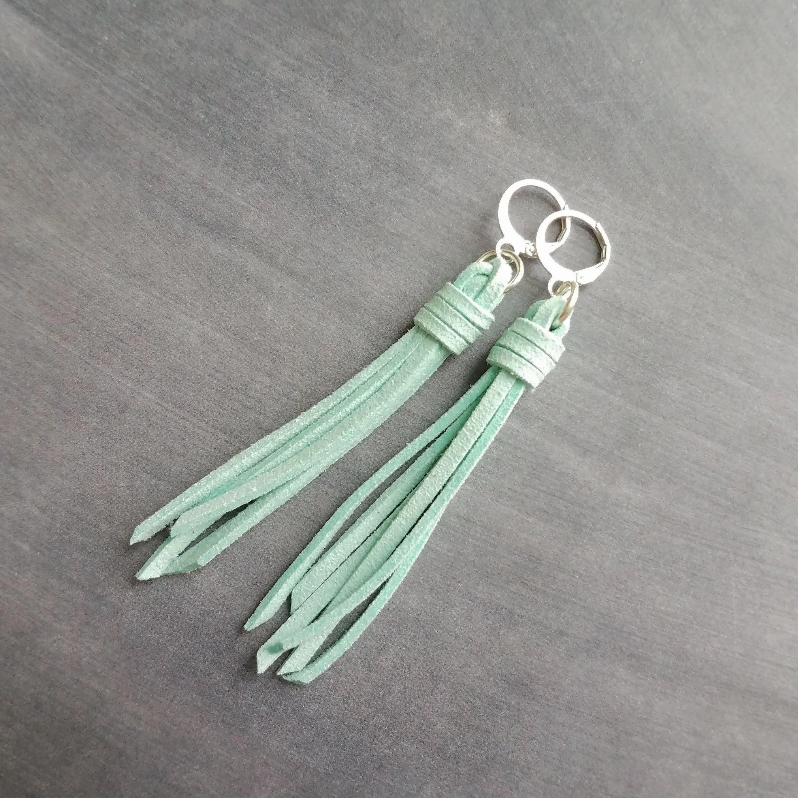 Mint Tassel Earrings, faux suede tassel, vegan leather tassel, long tassel, silver huggie hoop, mint blue, aqua blue round lever back, boho