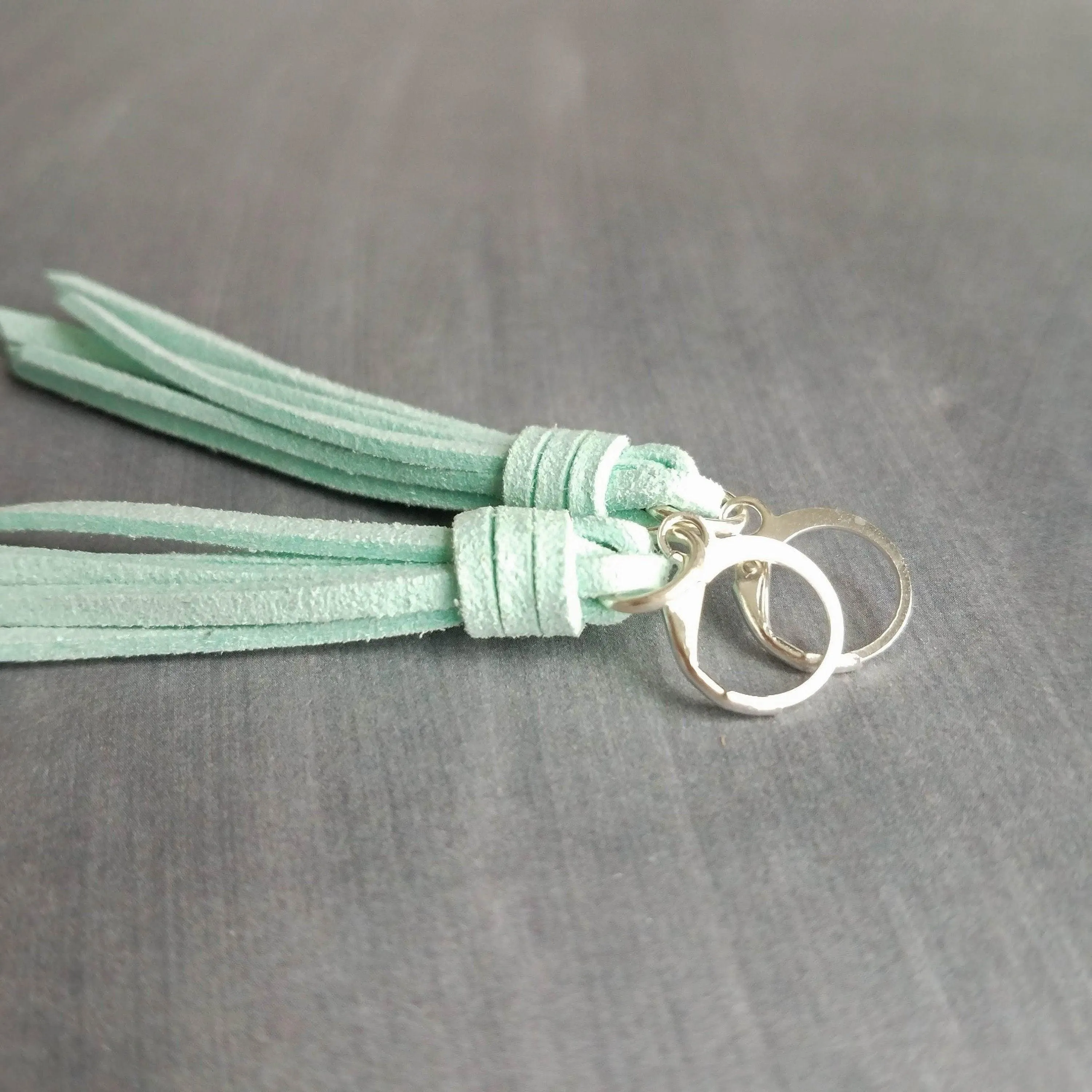 Mint Tassel Earrings, faux suede tassel, vegan leather tassel, long tassel, silver huggie hoop, mint blue, aqua blue round lever back, boho