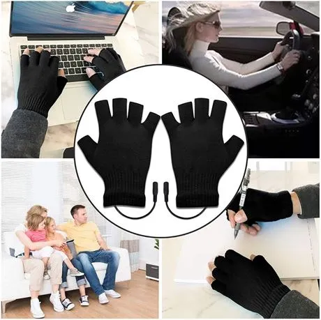NEW One Size, Aym Unisex USB Interface Heat Fingerless Knit Gloves, Black - includes power cord