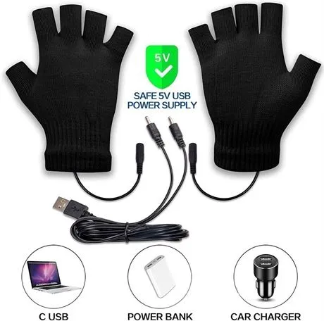 NEW One Size, Aym Unisex USB Interface Heat Fingerless Knit Gloves, Black - includes power cord
