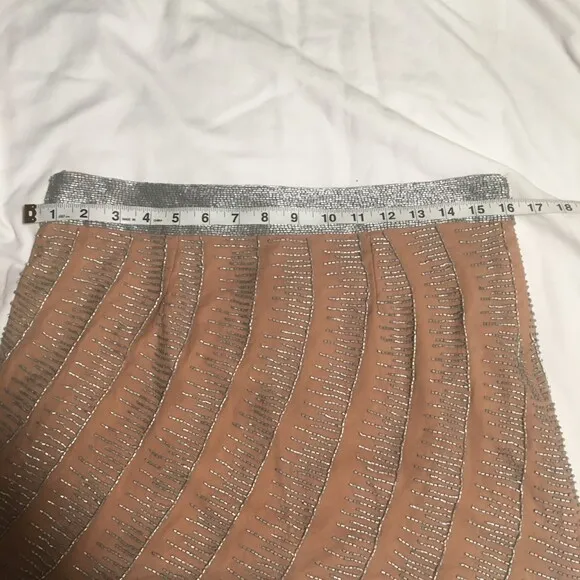 NWT 100% Silk beige mini skirt with silver embellishments L gladiator scallop