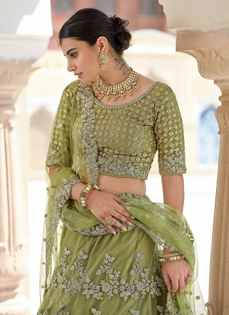 Olive Green Heavy Floral Embroidered Stylish Wedding Lehenga