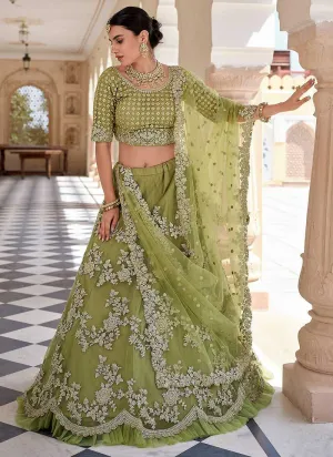 Olive Green Heavy Floral Embroidered Stylish Wedding Lehenga
