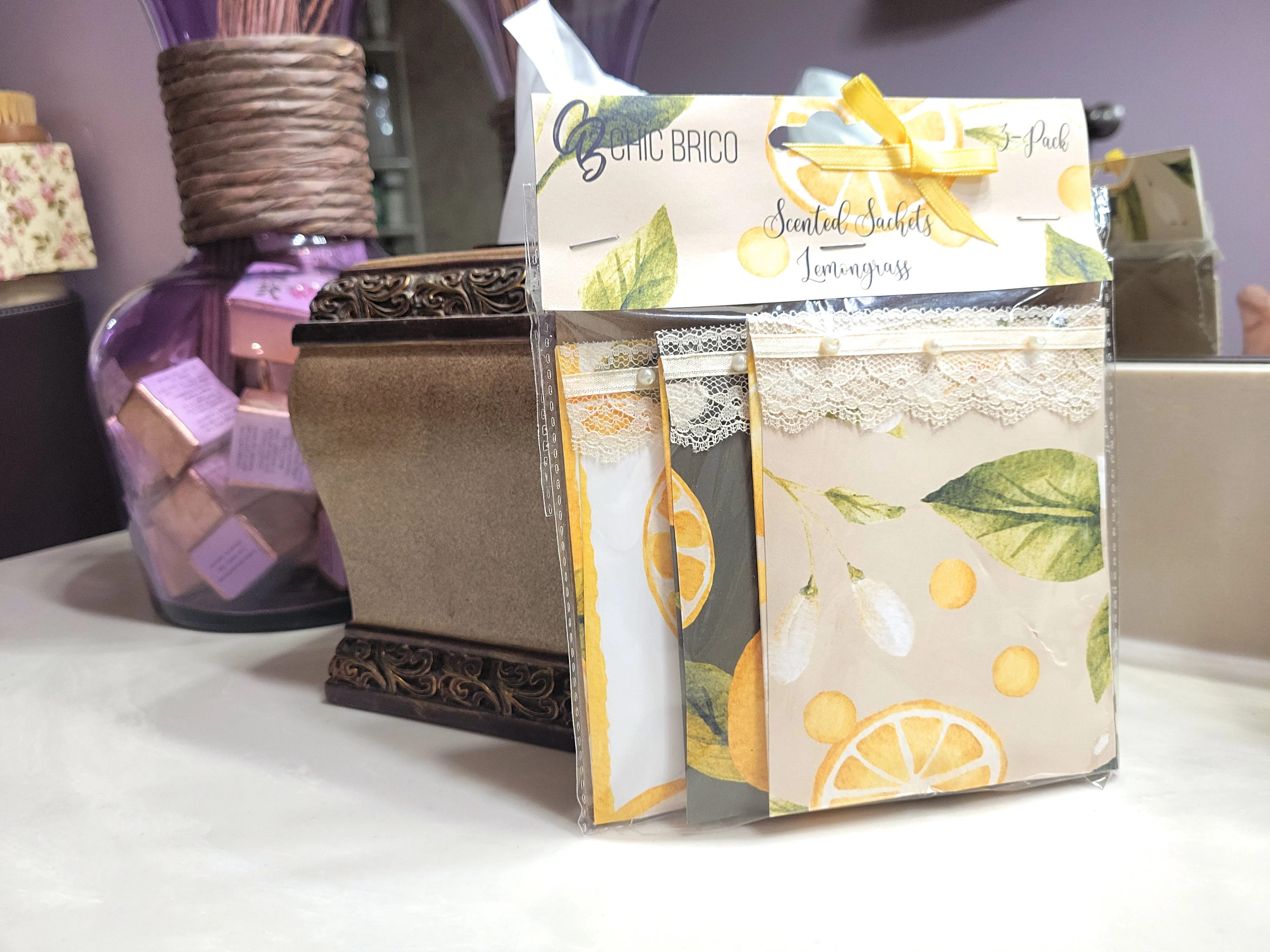Pearls & Lace Lemongrass Scented Drawer, Closet & Car Sachets, Large Size 4" x 5", 3-Pack