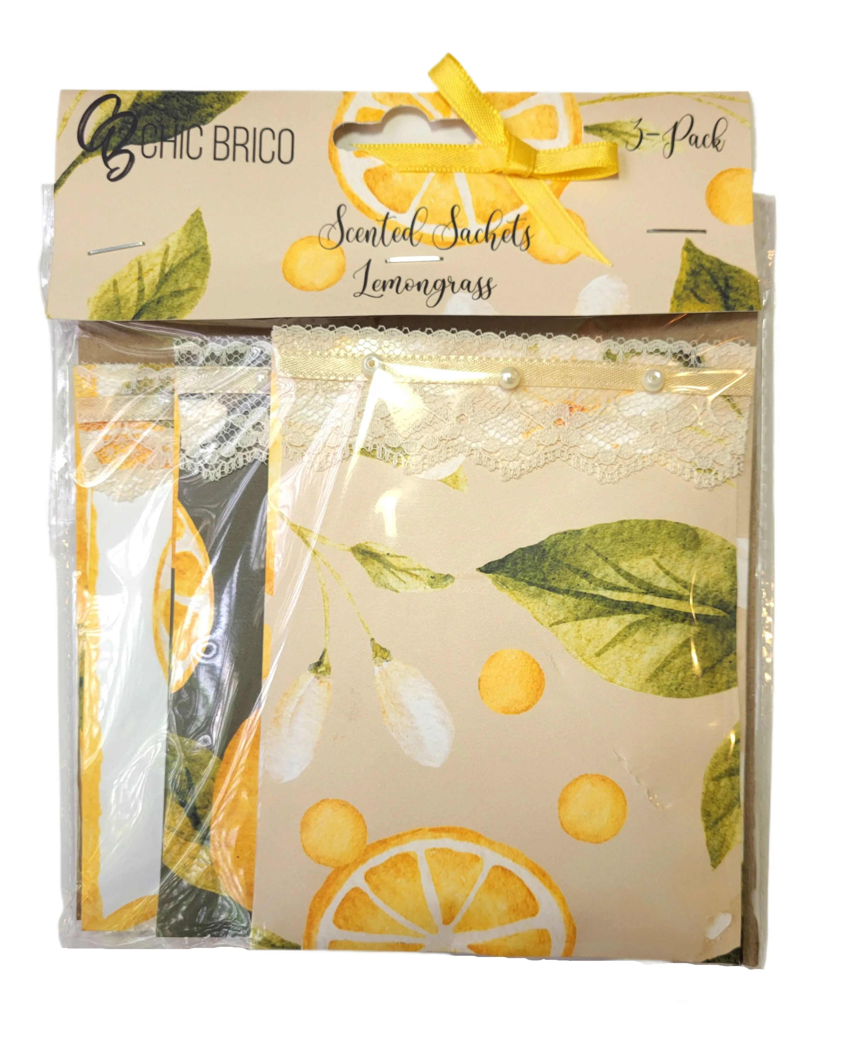 Pearls & Lace Lemongrass Scented Drawer, Closet & Car Sachets, Large Size 4" x 5", 3-Pack