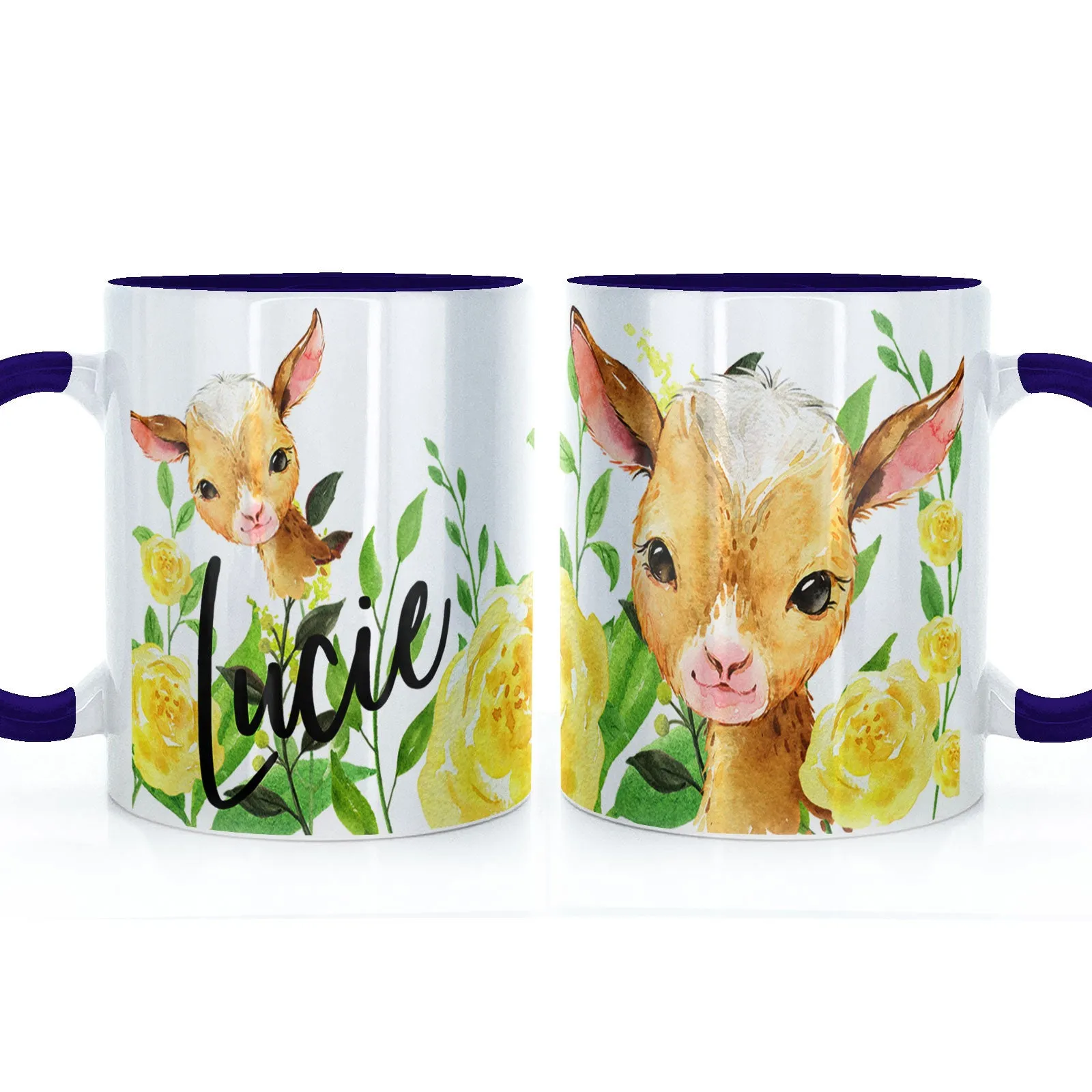 Personalised Mug with Stylish Text and Yellow Flower Goats