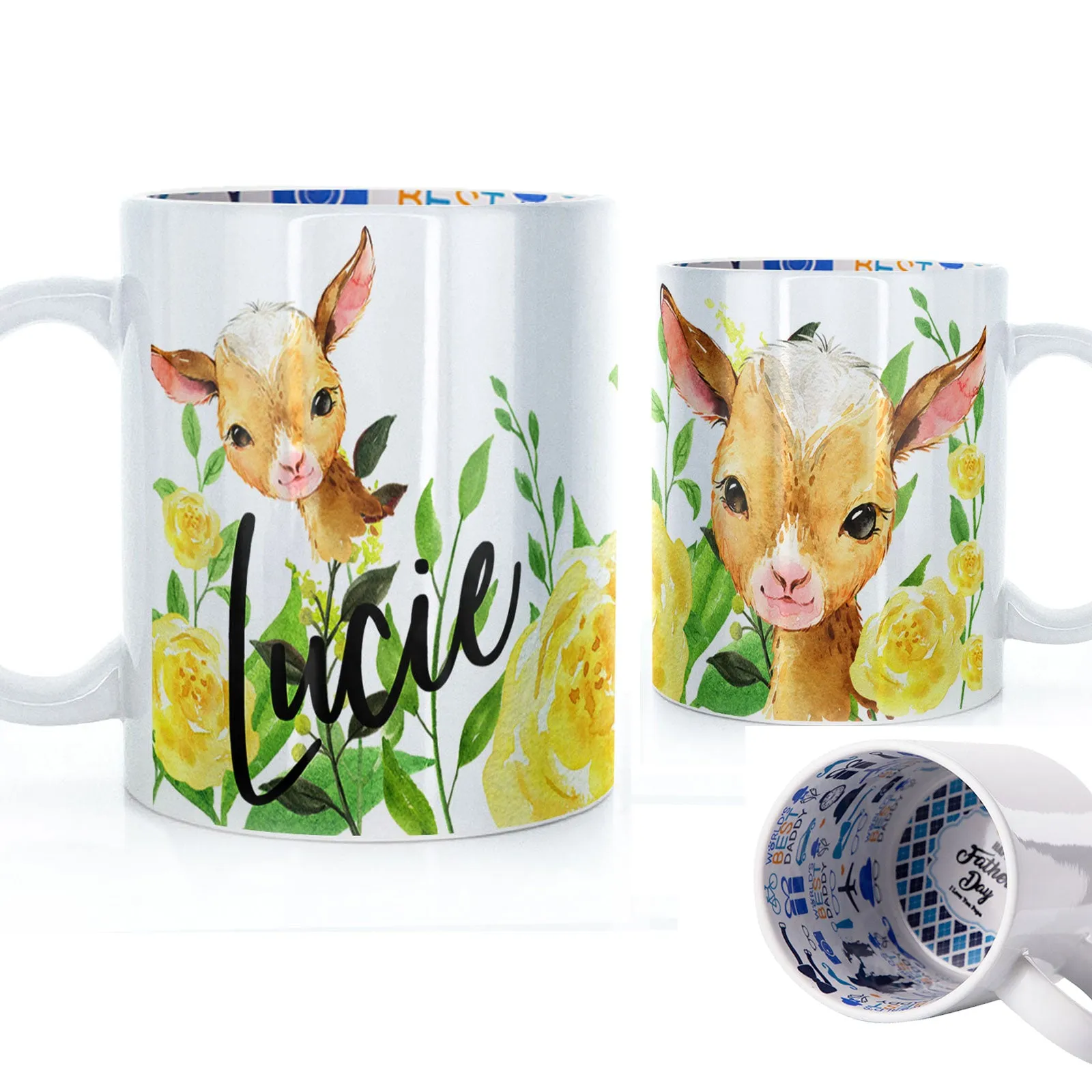 Personalised Mug with Stylish Text and Yellow Flower Goats