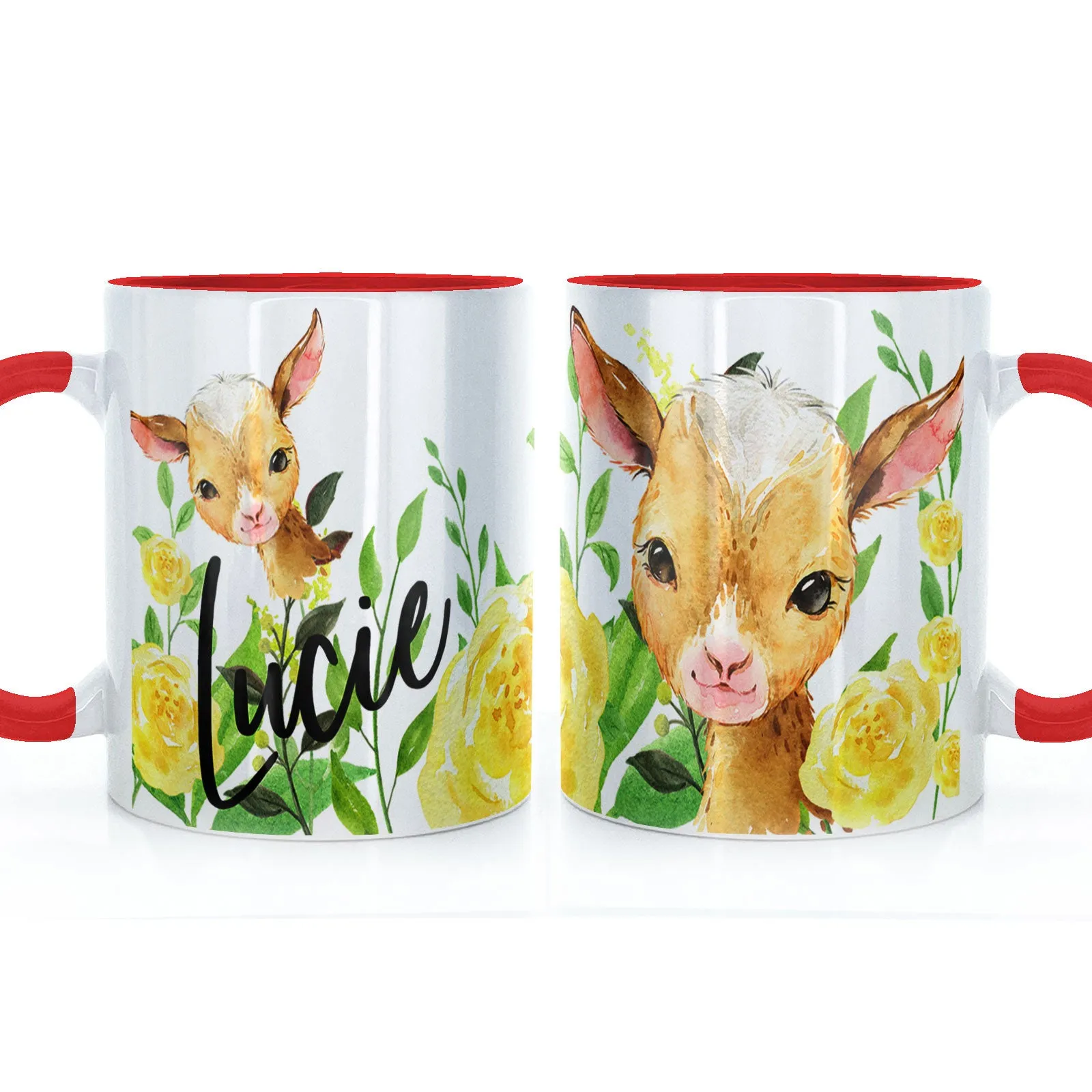 Personalised Mug with Stylish Text and Yellow Flower Goats