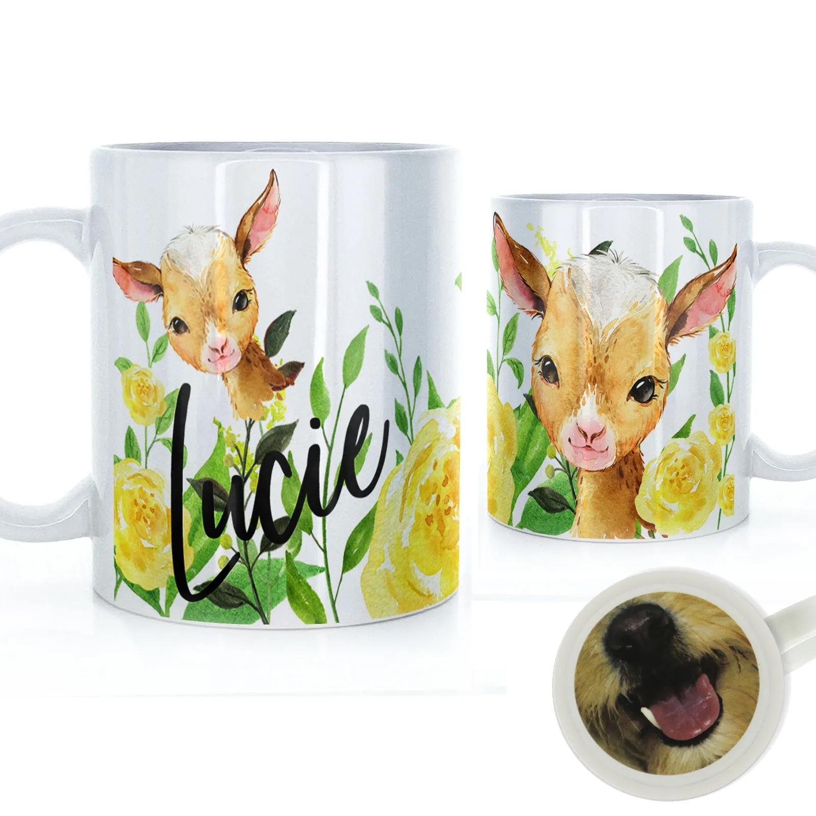 Personalised Mug with Stylish Text and Yellow Flower Goats