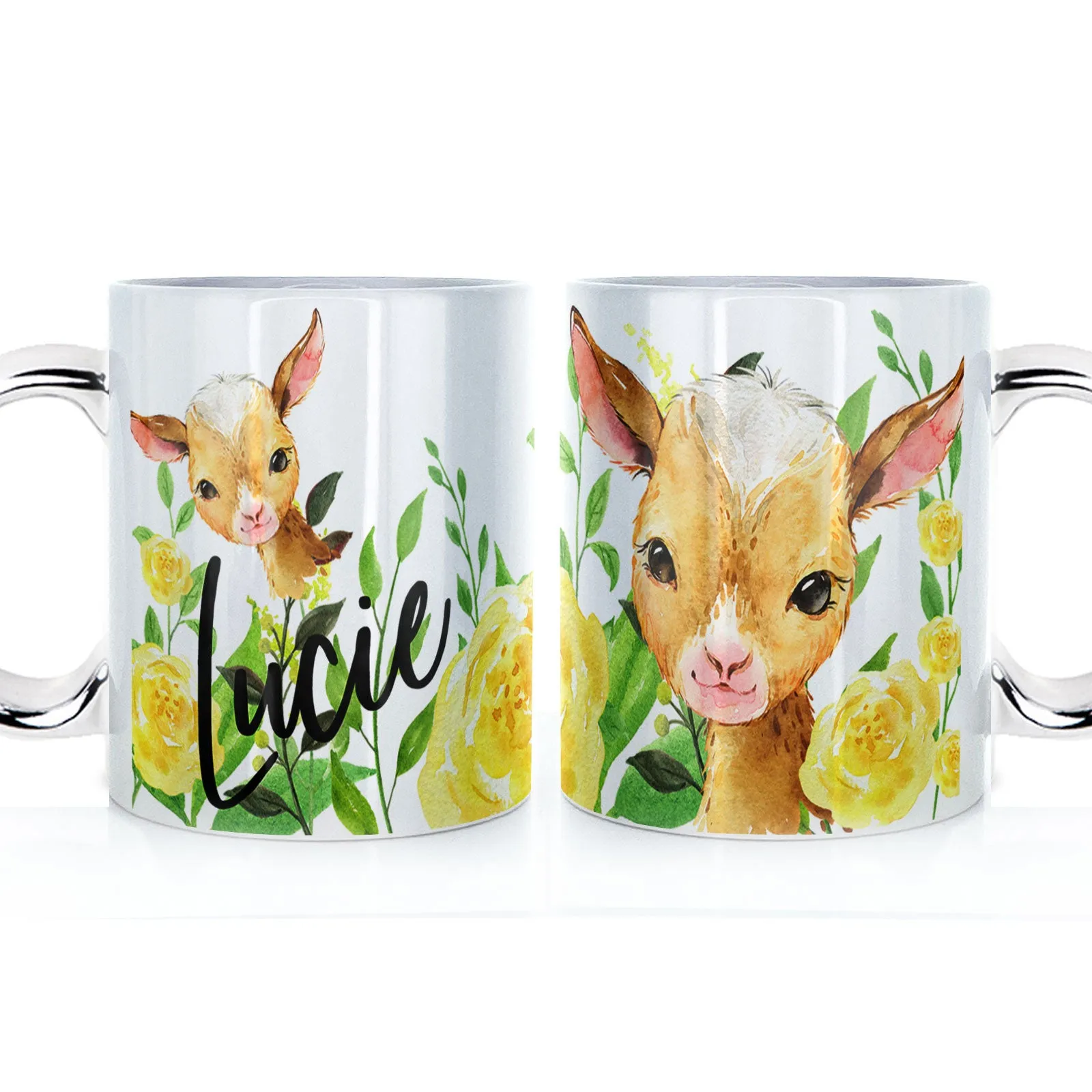 Personalised Mug with Stylish Text and Yellow Flower Goats