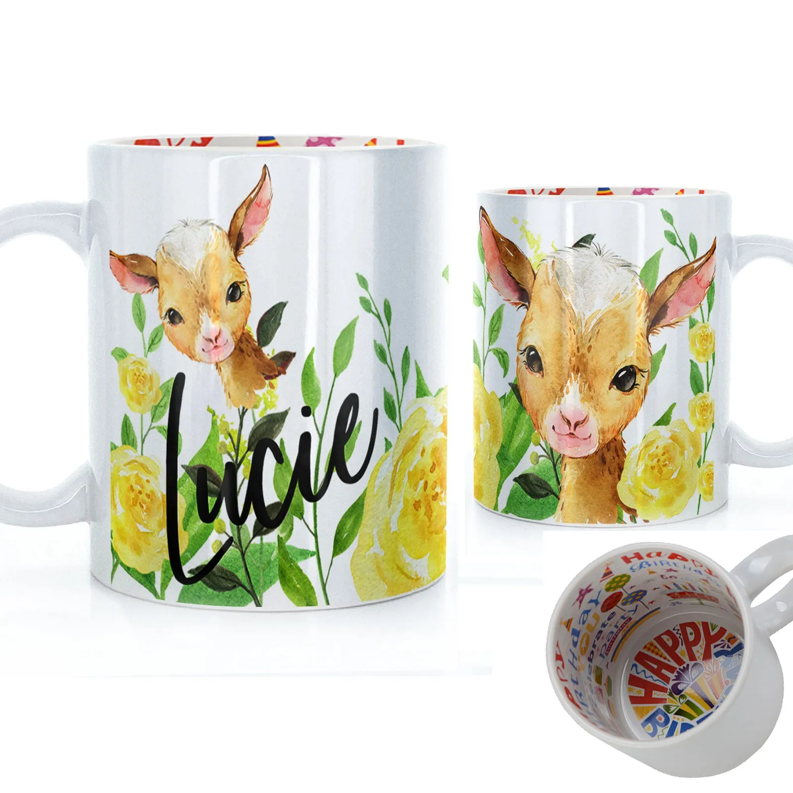 Personalised Mug with Stylish Text and Yellow Flower Goats