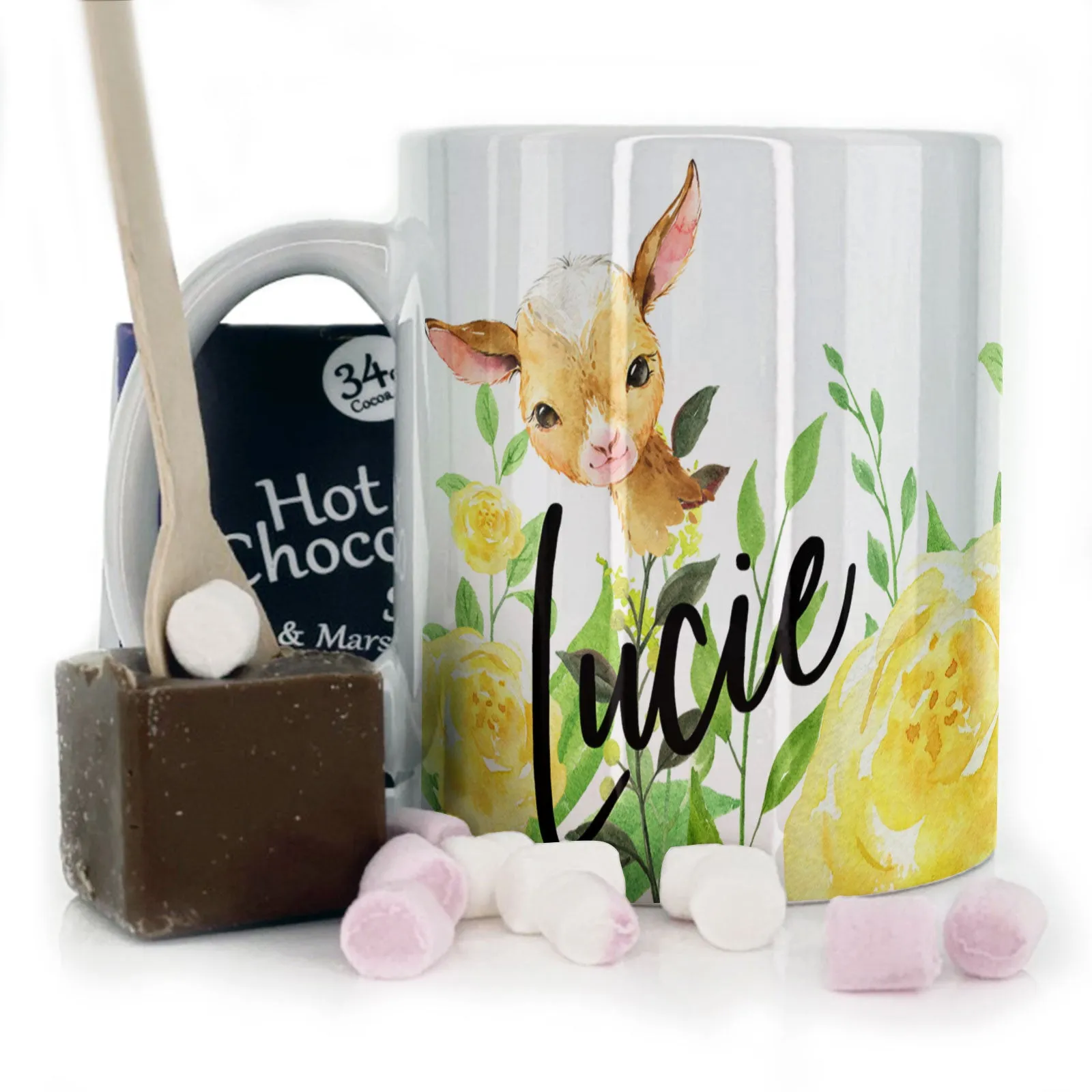 Personalised Mug with Stylish Text and Yellow Flower Goats