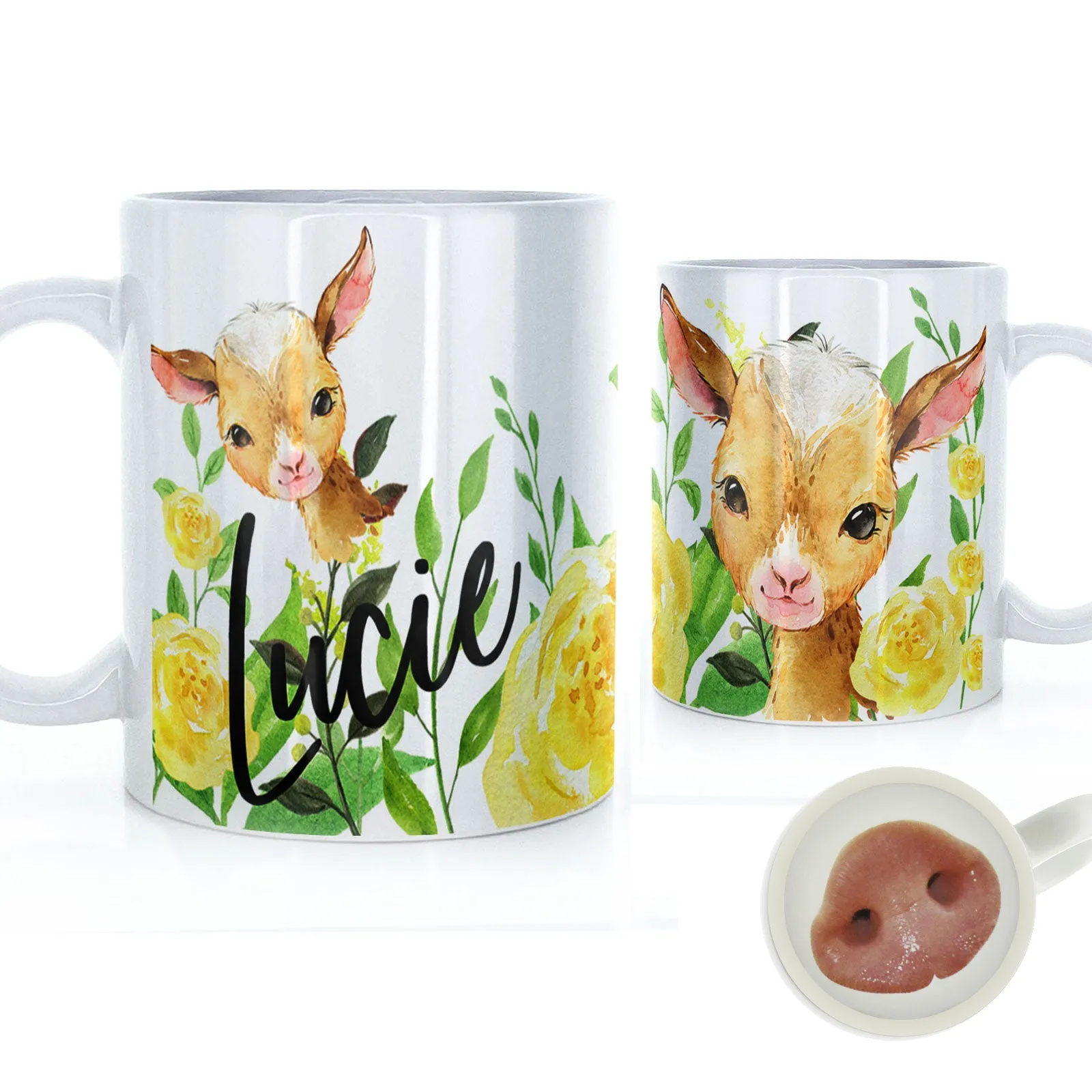 Personalised Mug with Stylish Text and Yellow Flower Goats