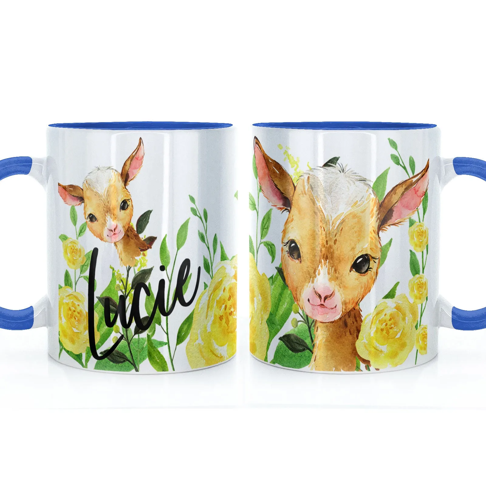 Personalised Mug with Stylish Text and Yellow Flower Goats