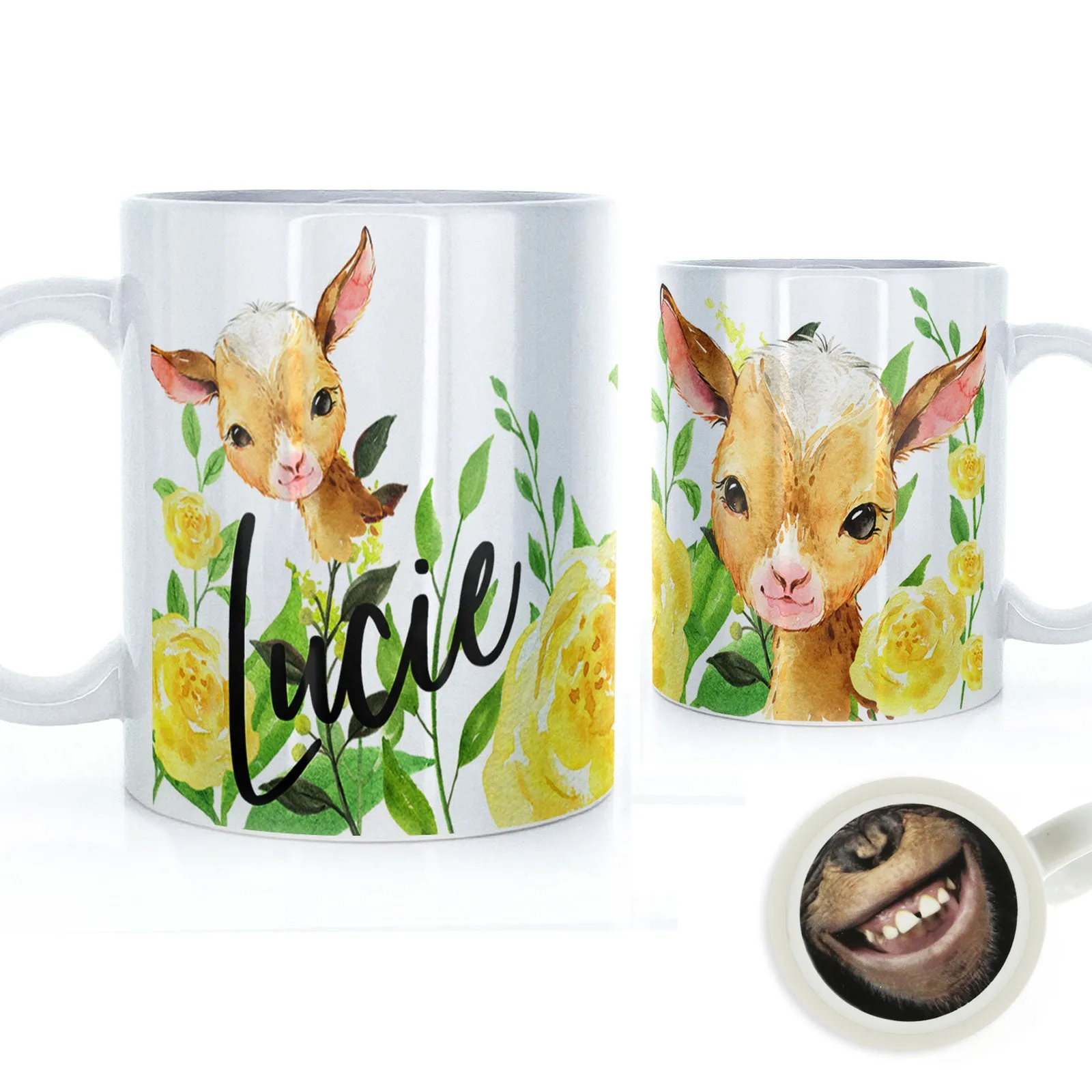 Personalised Mug with Stylish Text and Yellow Flower Goats