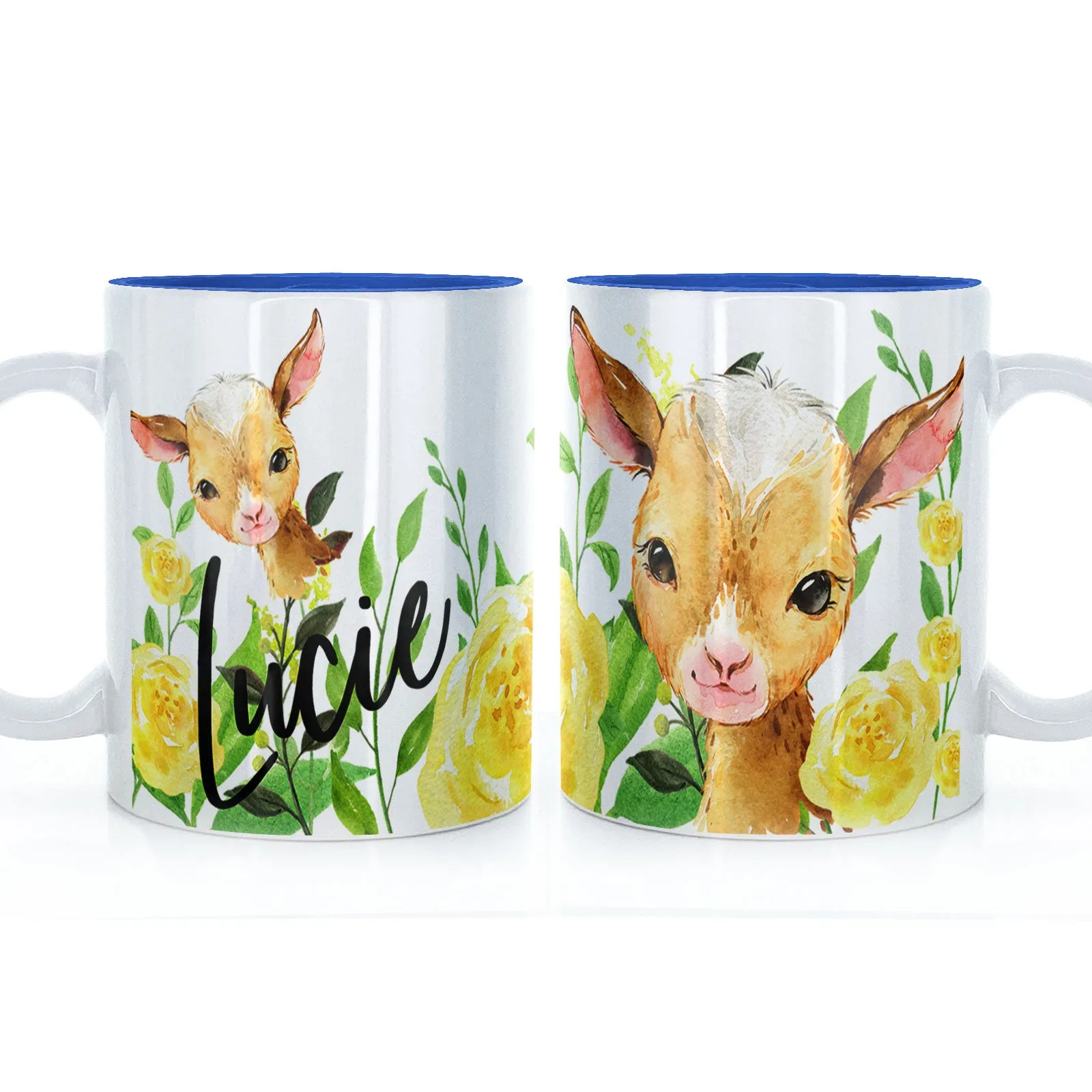 Personalised Mug with Stylish Text and Yellow Flower Goats