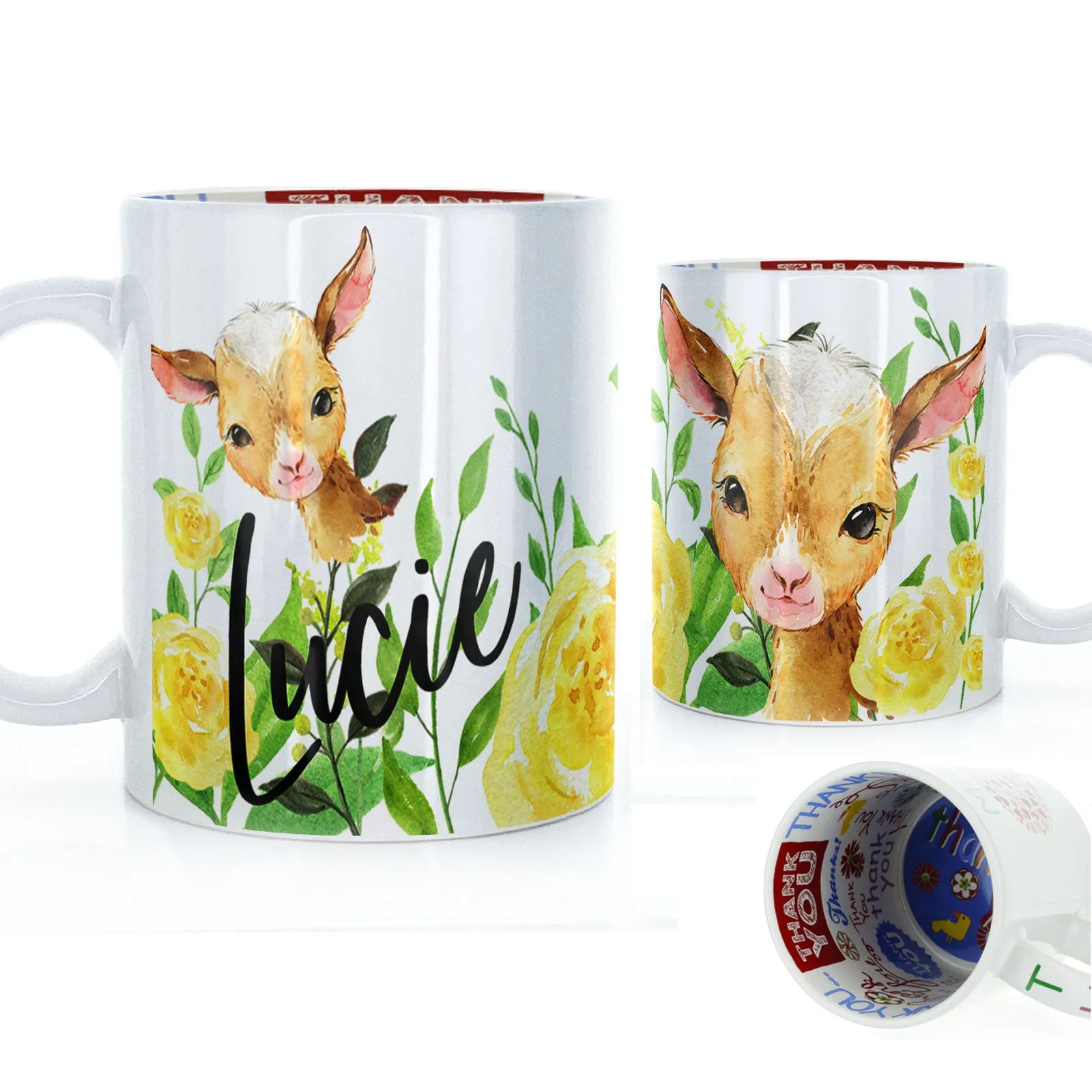 Personalised Mug with Stylish Text and Yellow Flower Goats