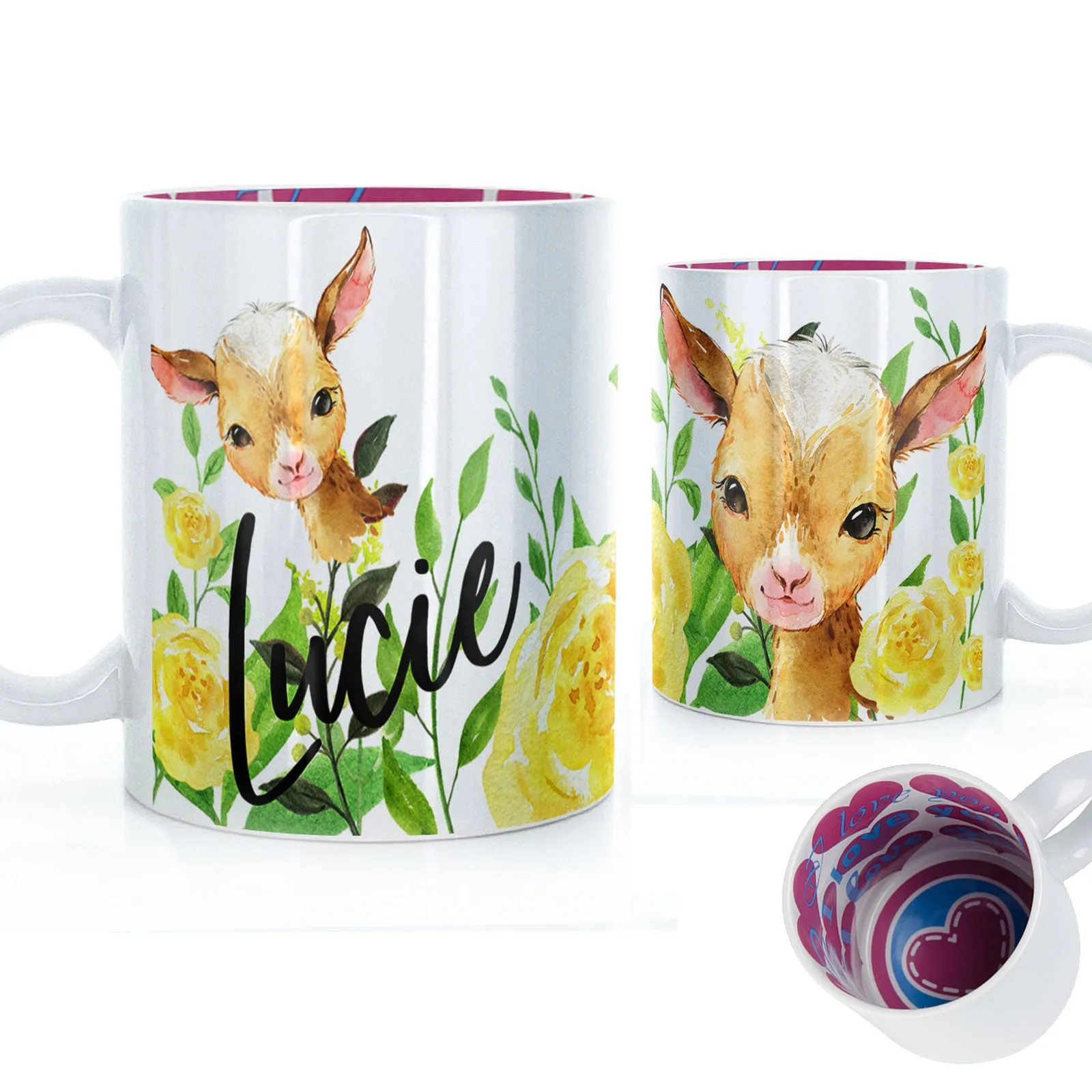 Personalised Mug with Stylish Text and Yellow Flower Goats
