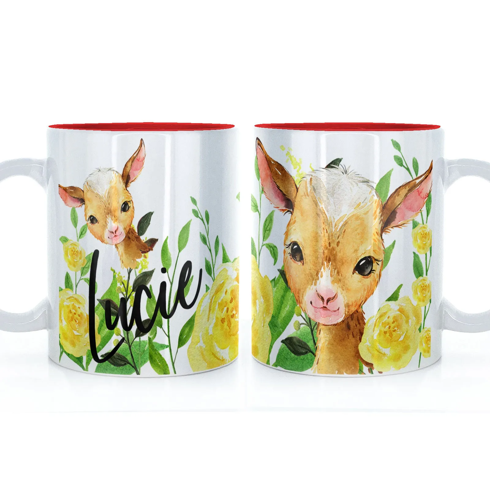 Personalised Mug with Stylish Text and Yellow Flower Goats