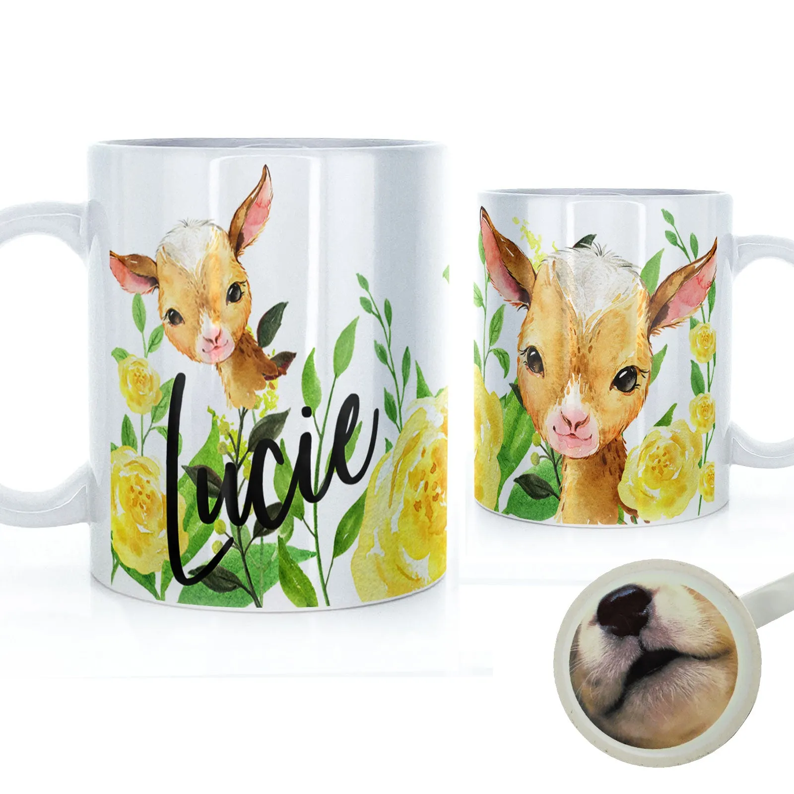 Personalised Mug with Stylish Text and Yellow Flower Goats