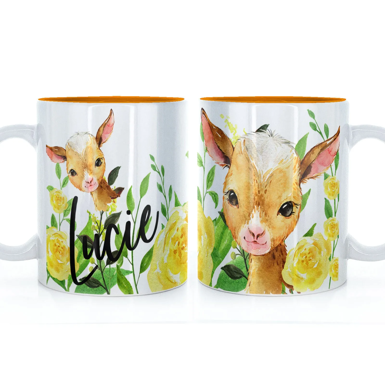 Personalised Mug with Stylish Text and Yellow Flower Goats